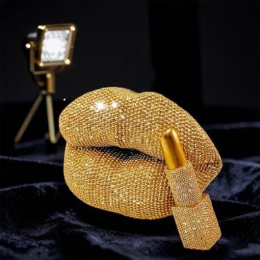 Imagem de Shlinnuo Estátua de resina para lábios e batom – Escultura decorativa de lábios com textura de contas para casa, penteadeira ou mesa, rosa vermelho dourado prata (4 cores)