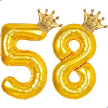 Imagem de 58 balões com números dourados de 101,6 cm para decorações de aniversário de 58 anos para homens e mulheres, balões gigantes jumbo de 58 anos Mylar