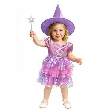 Imagem de ROC PARTY Fantasia infantil de bruxa para meninas – Vestido de Halloween de unicórnio e bruxa boa com chapéu e varinha, A bruxa boa, P