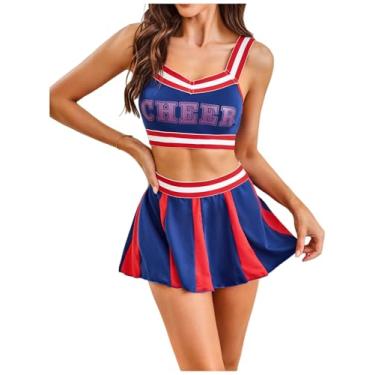 Imagem de SHENHE Fantasia feminina de líder de torcida 2 peças cosplay lingerie crop top micro saia conjunto de encenação, Azul e vermelho, X-Small