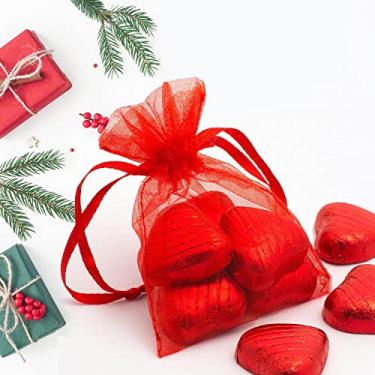 Imagem de 100 unidades de sacos de organza vermelha, 7 x 10 cm, pequenos sacos de doces de Natal com cordão, sacos de lembrancinha de festa de chá de bebê, joias de malha para presente