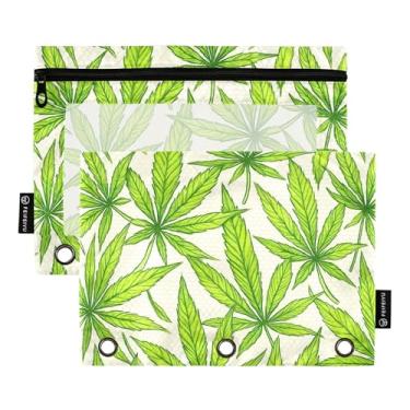 Imagem de Pasta de lápis com 3 anéis de folhas de cannabis, fina, verde, estojo para lápis, fichário com zíper, fichário transparente para escritório, estojo para canetas, pastel, escolar 25 x 18 cm, 2 pacotes