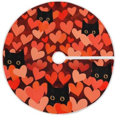 Imagem de Feliz Dia dos Namorados Saia vermelha para árvore de Natal 91 cm, decoração de gatos pretos, coração, gatinho, tapete de árvore de Natal, pequeno para suprimentos de festas de fim de ano, ornamentos