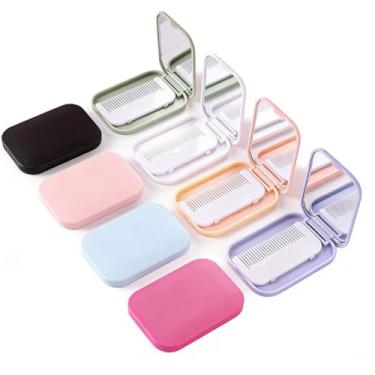 Imagem de 8 Pentes de cabelo dobráveis coloridos doces 8,2 x 6,3 x 1 cm, mini escova de cabelo de viagem com espelho para mulheres, pente de massagem portátil