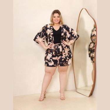 Imagem de Conjunto Feminino Plus Size Estampado Kimono E Shorts - Rosana Farcait