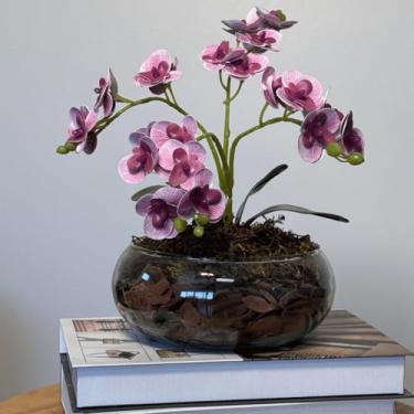 Imagem de Arranjo de Orquídea Artificial em Vaso de Vidro Decorativo para Sala, Lavabo e Escritório(Roxo)