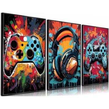 Imagem de 3 peças emolduradas legais arte de parede retrô video gamer aquarela pôsteres imagens coloridas neon gamepad pintura em tela impressões para quarto de meninos crianças quarto de jogadores quarto para