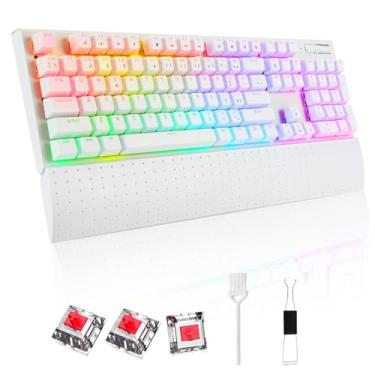 Imagem de Teclado Mecânico com Iluminação LED RGB, Layout ANBT 2, Apoio de Pulso Magnético Removível, Teclado que Suporta Hot-swap de Soquetes，Switch Vermelho, Conexão USB (Branco)
