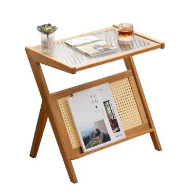 Imagem de AkosOL Mesa de canto de madeira maciça, aparador de sofá, mesa de computador, mesa de cabeceira de vidro, pequena mesa de centro de bambu com armazenamento para sala de estar e quarto