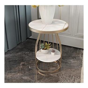 Imagem de Mesa lateral redonda mesa de sofá de mármore pequena mesa de canto de 2 camadas com prateleira de armazenamento aberta com moldura de metal dourado (cor: ouro 1) (ouro 2)