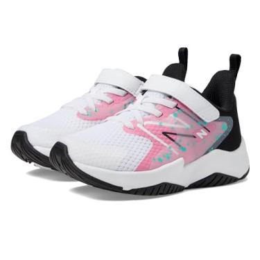 Imagem de New Balance Tênis infantil unissex Rave Run V2 elástico com alça superior, Branco/rosa real/preto, 1.5 Wide Little Kid