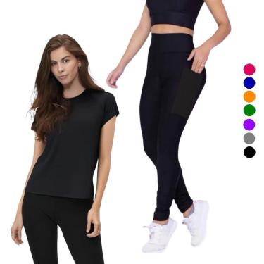 Imagem de Conjunto CAMISETA Blusinha DRY + CALÇA LEGGING BOLSOS Femininos Academia Fitness Furadinho 628-Feminino