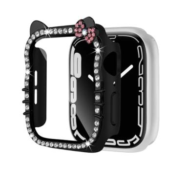 Imagem de Capa de desenho animado de gato com strass compatível com Apple Watch 11/10/9/8/7/6/5/4/SE capa protetora transparente para séries 40 mm, 41 mm, 42 mm, 44 mm, 45 mm, 46 mm, feminino (preto, série 4/5