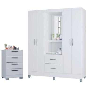 Imagem de Cômoda 867 4 Gavetas Com Guarda Roupa Solteiro Córdoba 4 Portas Branco Brilho - Poquema