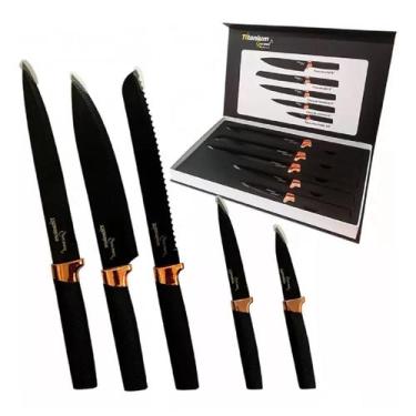 Imagem de Jogo De Facas Faqueiro Cozinha Antiaderente 5 Peças Inox - TITANIUM