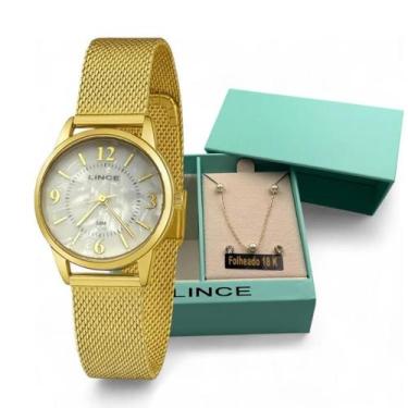 Imagem de Relógio Lince Dourado Feminino Pequeno com Colar e Brincos Pulseira de