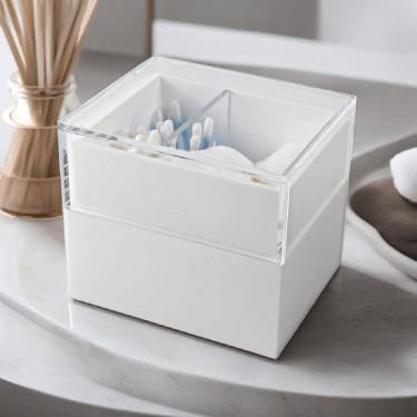Imagem de Pote Porta Cotonetes e Algodão Acrílico Branco com Tampa Transparente Divisões Internas