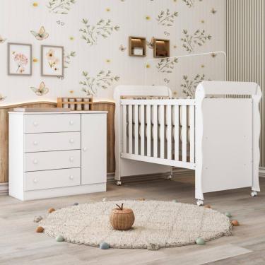 Imagem de Quarto Bebê Berço Americano 3 em 1 Mirelle Cômoda Infantil Fraldário Lia 100% MDF Branco Carolina Baby
