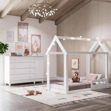 Imagem de Quarto Infantil Montessoriano Cama Casinha Analu Cômoda Taís Franldário 100% MDF Branco Carolina Baby