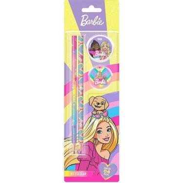 Imagem de Kit Escolar Summit Barbie com 2 Lápis HB e 1 Apontador com Depósito e 1 Borracha Blister