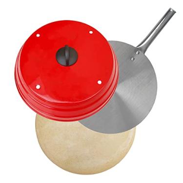 Imagem de Kit Pizza Para Churrasqueira Com Pá de Pizza Alumínio, Pedra Refratária Redonda 37cm e Abafador vermelho