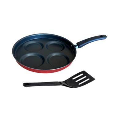 Imagem de Frigideira Gourmet 4 Ovos 26cm Antiaderente Vermelho com Preto Acompanha Espátula 25cm Não Gruda 4 Cavidade Fritar Ovos Bacon Queijo Hambúrguer