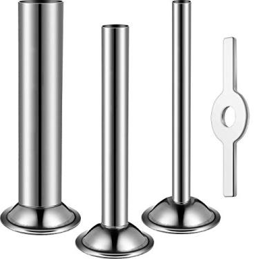 Imagem de O kit de 4 peças para fazer salsichas inclui 3 peças de tubos de enchimento de salsichas de aço inoxidável para moedor de tubos em 3 tamanhos com anel de enchimento de salsicha de aço inoxidável para moedor de alimentos tamanho 5
