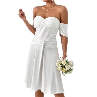 Imagem de Camisa Feminina Off Shoulder Twist Front Ruched Dress (Color : White, Size : X-Small)