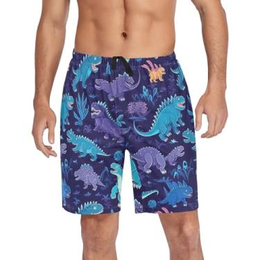 Imagem de CHIFIGNO Shorts de pijama masculinos, leves, calças de pijama macias com bolsos e cordão, Dinossauros azuis e roxos, XXG
