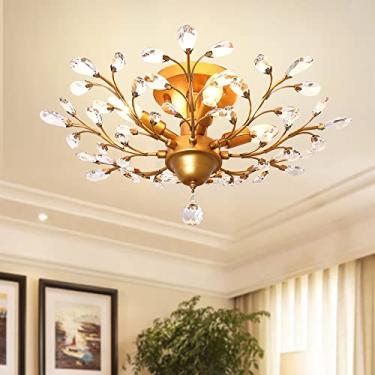 Imagem de Lustres de cristal Ganeed, luz do teto de cristal K9, luminárias de luminárias vintage Iluminação pendente para o quarto de sala Restaurante Candelier (4 luzes, ouro)