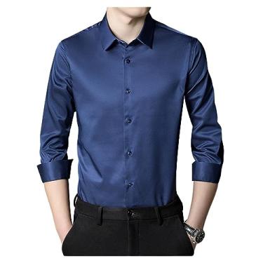 Imagem de Camisa social masculina elástica gola lapela manga longa camisa formal seda não passar a ferro, Cor 4, 4G