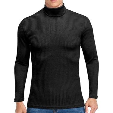 Imagem de Suéter masculino outono e inverno gola alta quente camisa masculina manga longa camiseta de malha, Preto, G