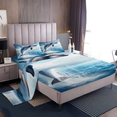 Imagem de Jogo de lençol duplo com bolso profundo - azul golfinho serve em colchões de até 40,6 cm de espessura, 4 peças de lençóis de colchão com bolso profundo, lençóis de cama e fronhas macios que absorvem a