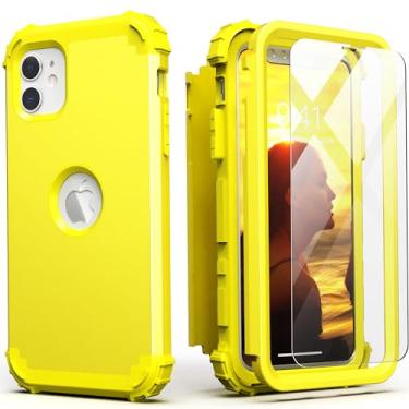 Imagem de IDweel Capa para iPhone 11 com protetor de tela (vidro temperado), híbrido 3 em 1 à prova de choque, ajuste fino, resistente, capa de policarbonato rígido, amortecedor de silicone macio, capa de corpo inteiro, amarela