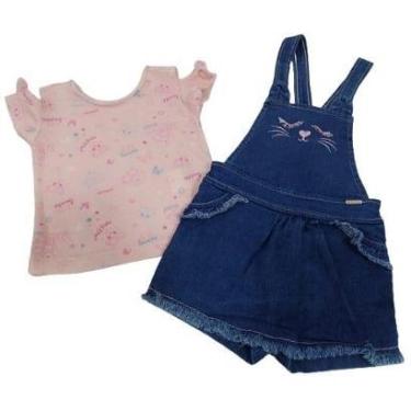 Imagem de Conjunto Jardineira Jeans + Blusa Menina Verão Paraiso 14072-Feminino