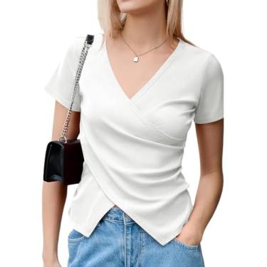 Imagem de Micoson Camisetas femininas cruzadas de verão com decote em V profundo, casual, sexy, de malha, manga curta, caimento justo, camisas franzidas, Branco, PP