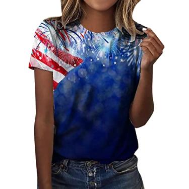 Imagem de Camisetas femininas patrióticas verão bandeira americana listras estrelas camisetas patrióticas 4 de julho Memorial Day túnica casual, Azul, XXG