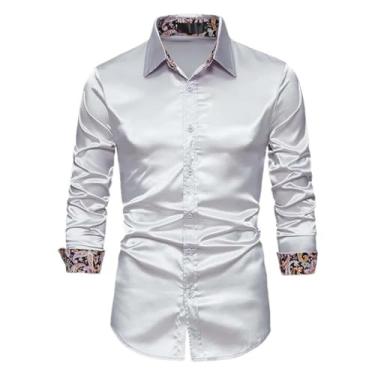 Imagem de JXQXHCFS Camisa social masculina de patchwork, casual, macia, de manga comprida, para casamento, formatura, festa, Cinza, P