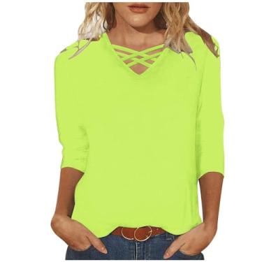 Imagem de Camiseta feminina com gola V cruzada manga 3/4 de comprimento cor sólida blusa solta casual túnica, Verde, 3G
