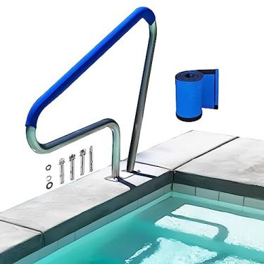 Imagem de Trilho de piscina para piscinas enterradas corrimão de piscina 304SS com cobertura azul antiderrapante grade de piscina com base de montagem rápida
