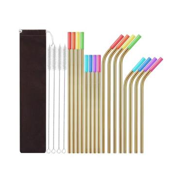 Imagem de Baoblaze 16 peças de palha de metal, canudos bebendo de aço inoxidável, canudos bebendo longos e reutilizáveis para copos, coquetéis, milkshake, ouro