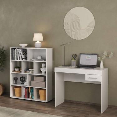 Imagem de Kit 2 Peças com Escrivaninha com Gaveta e Estante para Livros 10 Nichos Branco