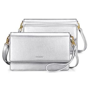 Imagem de nuoku Bolsa tiracolo feminina pequena carteira para celular com compartimentos para cartão RFID 2 alças, Sua prata grande