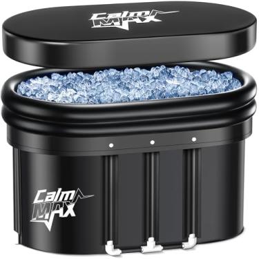 Imagem de CalmMax Banheira de gelo oval com anel de descanso de pescoço duplo inflável, mergulho a frio portátil com tampa, banheira de mergulho frio de 101 litros para terapia de água fria, banhos de gelo GG