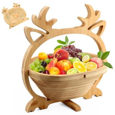 Imagem de Kalolary Cesta de frutas de madeira de alce de Natal, cesta de frutas dobrável, bandeja de frutas de bambu, cesta de frutas secas em forma de alce de Natal com alça para decorações de Natal, festas de