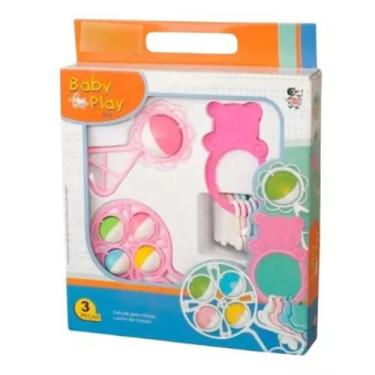 Imagem de Kit Chocalhos e Mordedor Baby Play Set 3 Peças - Pica Pau, Rosa bebê