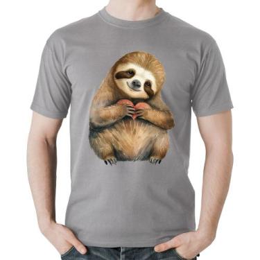 Imagem de Camiseta Algodão Bicho Preguiça Coração - Foca na Moda, Cinza, GGG