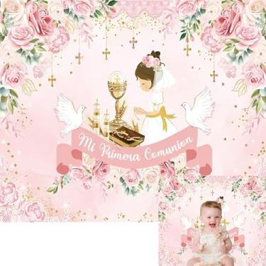 Imagem de Pano de fundo Mi Primera Comunion Mi Bautizo Batismo Primeira Comunhão Fotografia Fundo Rosa Pastel Floral Chá de Bebê Decorações Banner Foto Adereços 3 x 2,4 m