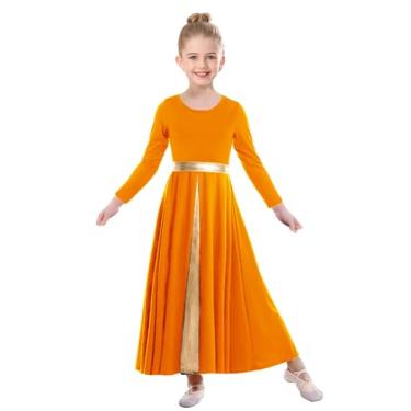 Imagem de ZYACTU Vestido de dança de louvor de manga comprida para meninas em ouro metálico, fantasia litúrgica, fantasia lírica, roupão de igreja, 03 - laranja, 9-10 Anos