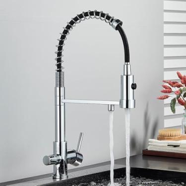 Imagem de Torneira de cozinha para água potável, torneira preta para pia de cozinha, torneira de latão para cozinha com filtro, torneira giratória 360°, misturador de pia, modo duplo, cromado